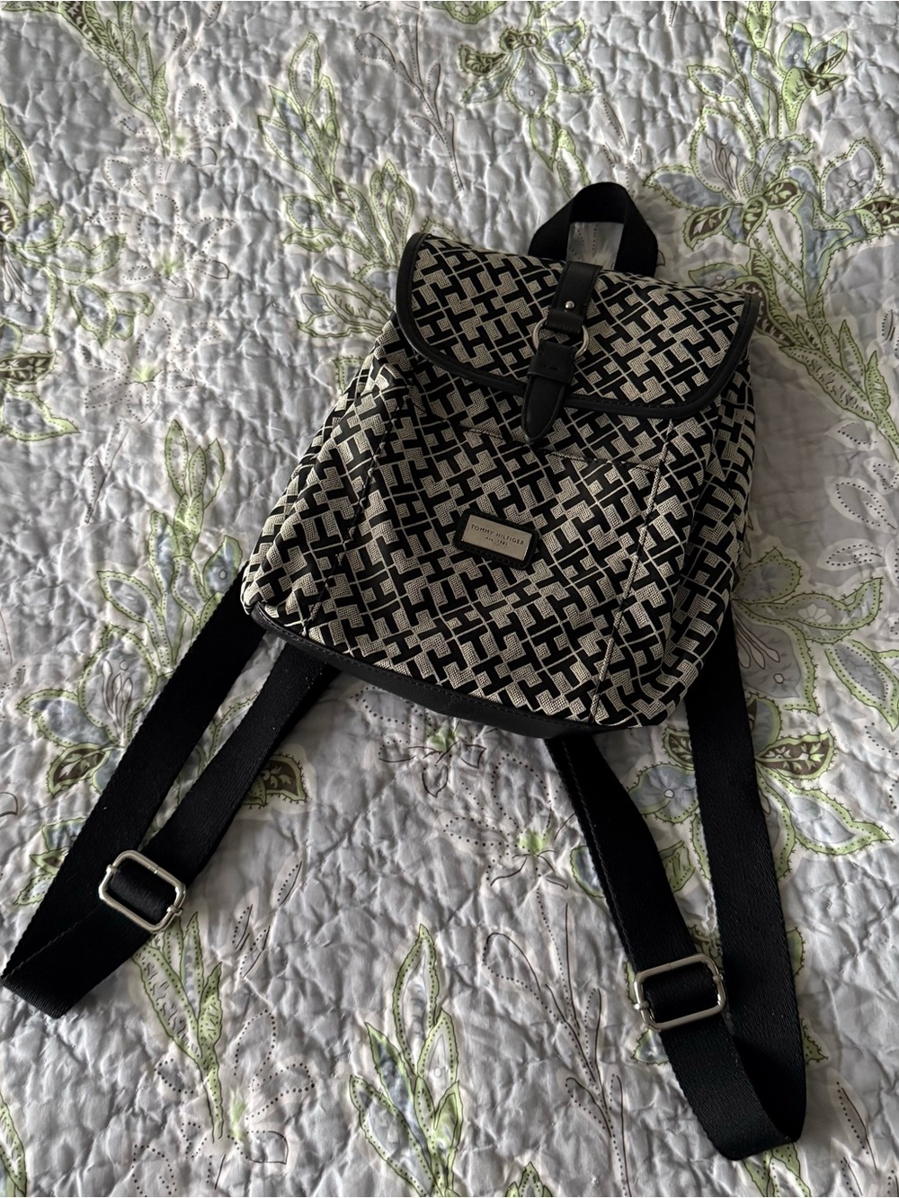 Tommy Hilfiger Monogram Logo Mini Backpack with Cotton Straps and Silver Tone Ha